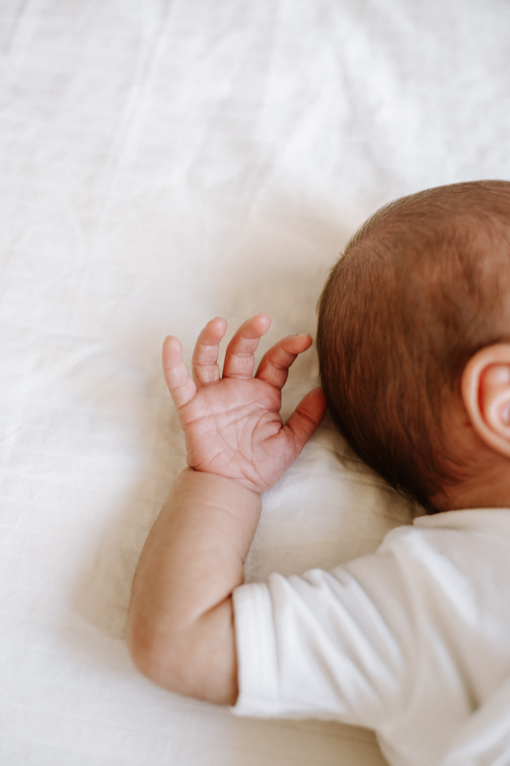 Detailfoto van newborn handje tijdens fotoshoot, Hoorn