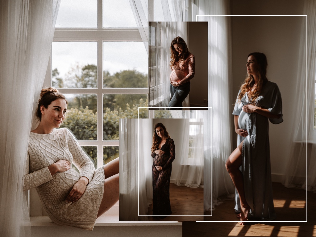 Fotoshoot van zwangere moeder staand bij raamlicht, Hoorn