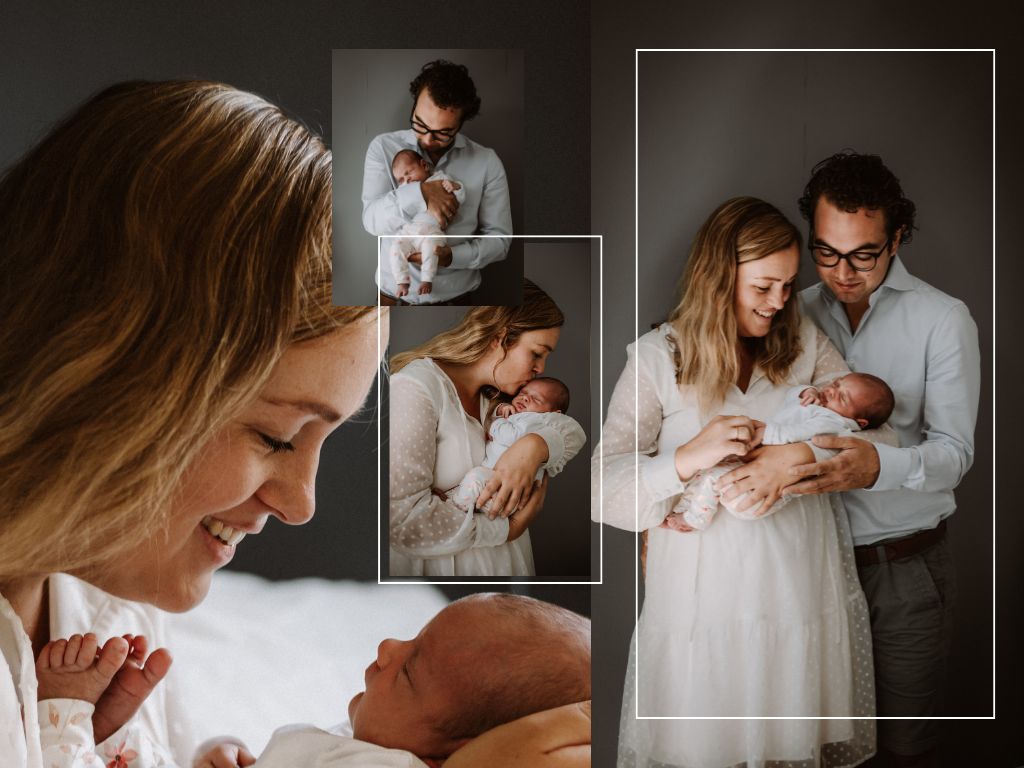 Pasgeboren baby tijdens intieme newborn fotosessie, Hoorn